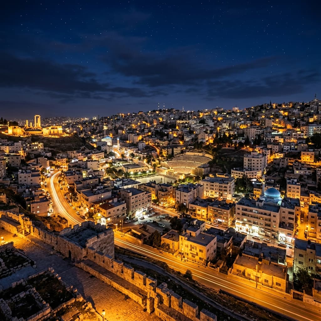 Amman at night, with the Citadel and the Roman Theatre lit up
